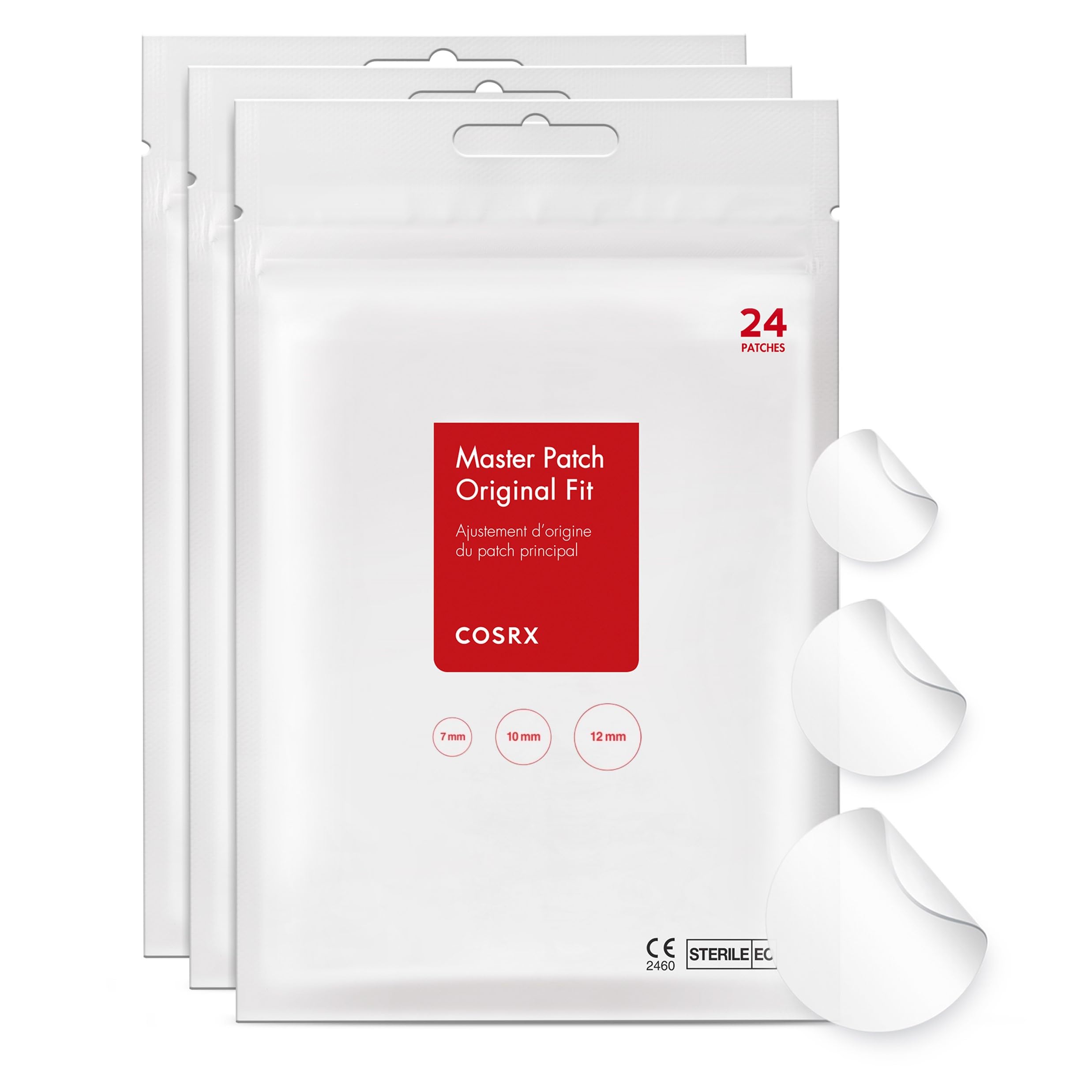Parche COSRX original hidrocoloide para acné de tres tallas, protege y cubre imperfecciones.