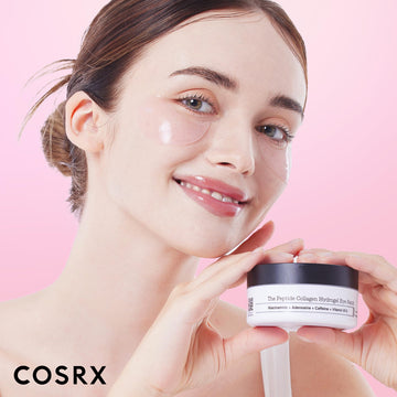 COSRX pink peptides eye patch on skin delivers a brighter, refreshed look