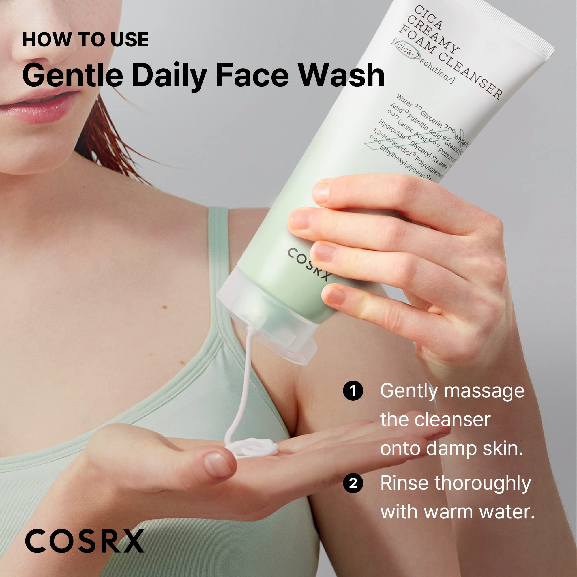 COSRX Pure Fit Cica Foam Cleanser uso diario, limpieza ligera y agradable.