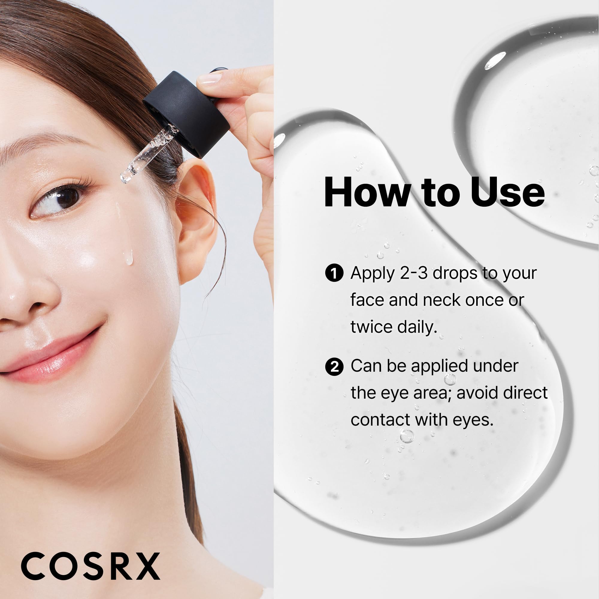 COSRX Serum: aplicación suave alrededor de los ojos sin irritación.