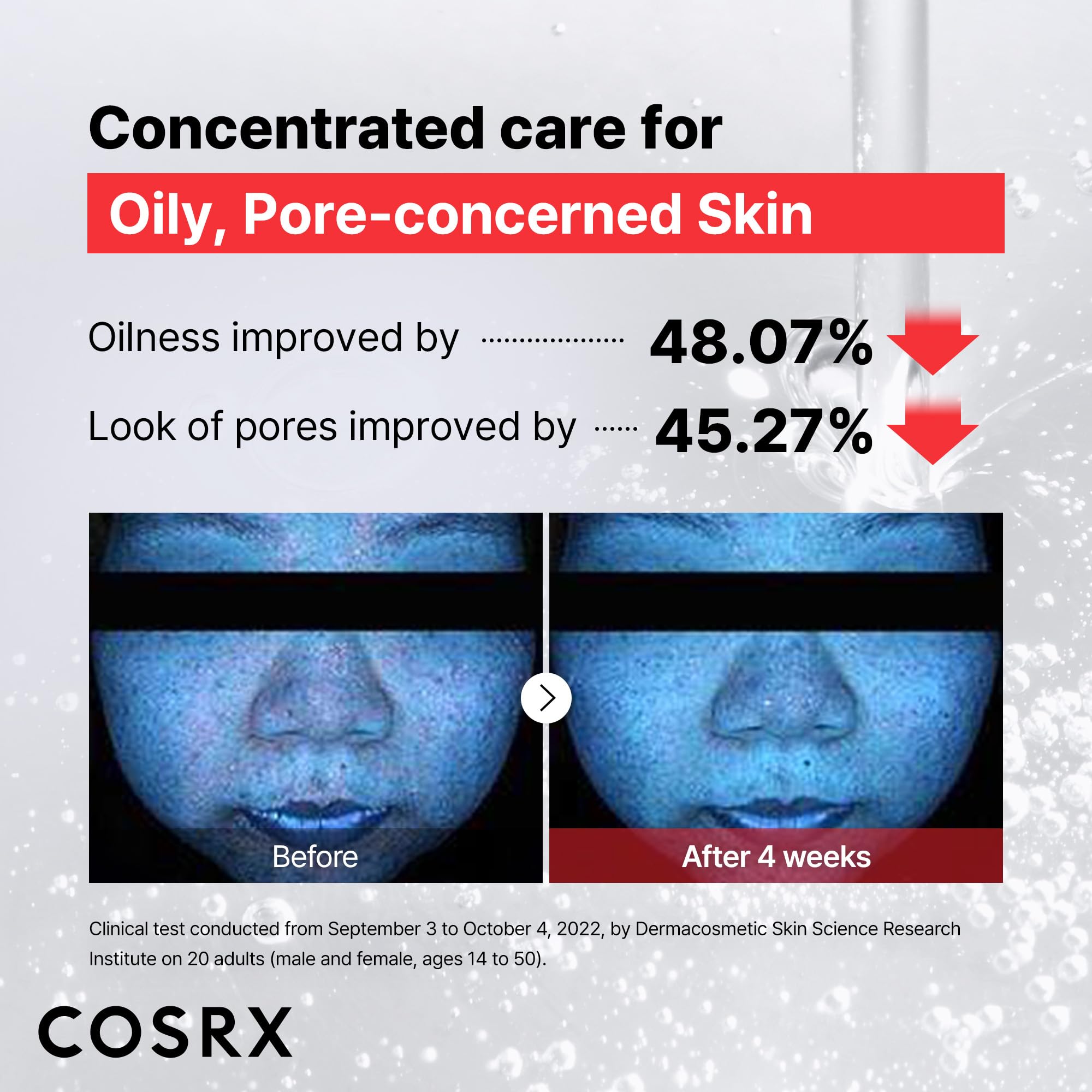 Application du sérum COSRX Niacinamide 15% sur le visage pour une routine quotidienne.