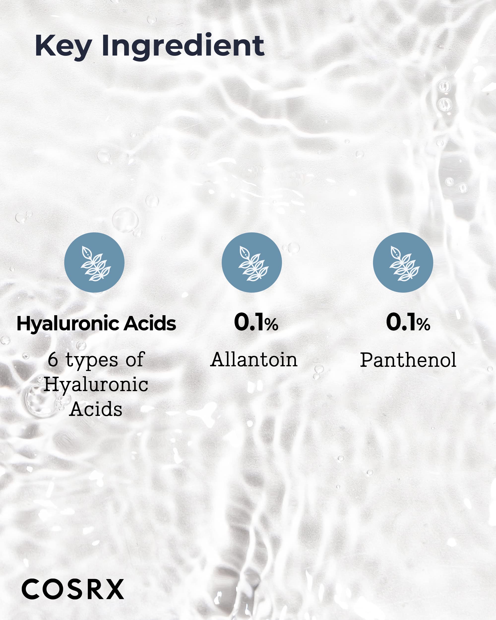 COSRX Hydrium Watery Toner, concentración de seis tipos de ácido hialurónico para hidratación.