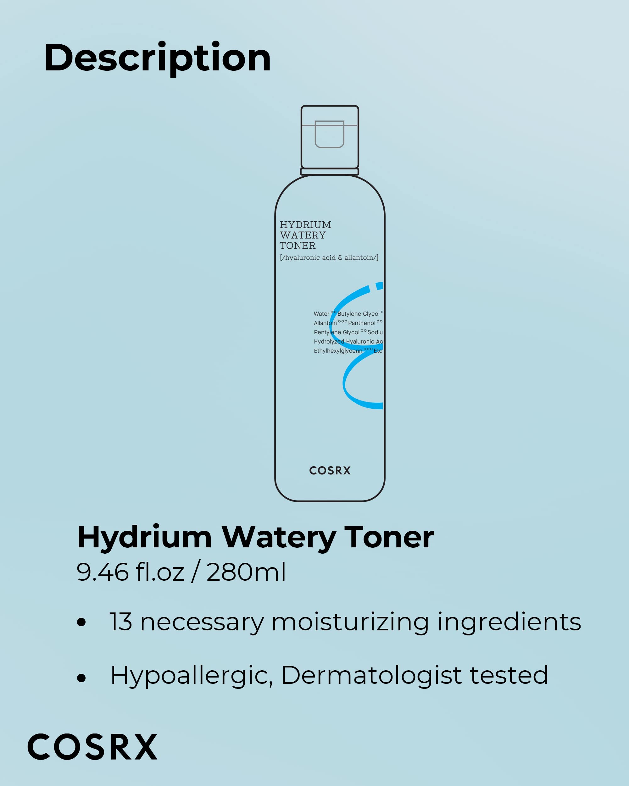 COSRX Hydrium Watery Toner, tamaño de 150 ml para recargar la piel.