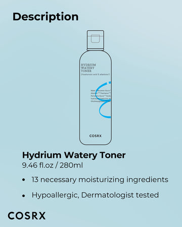 COSRX Hydrium Watery Toner, tamaño de 150 ml para recargar la piel.