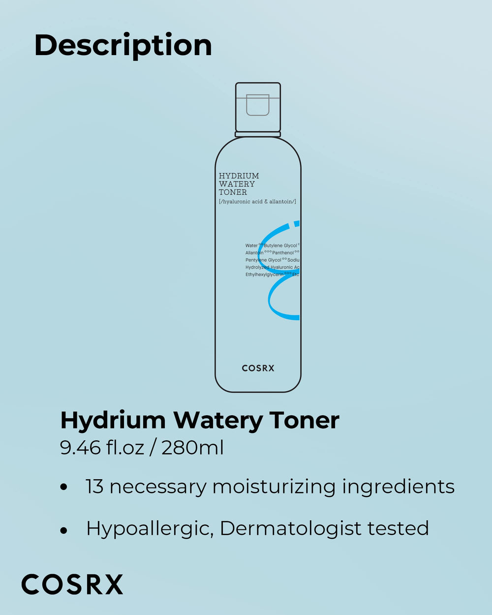 COSRX Hydrium Watery Toner, tamaño de 150 ml para recargar la piel.