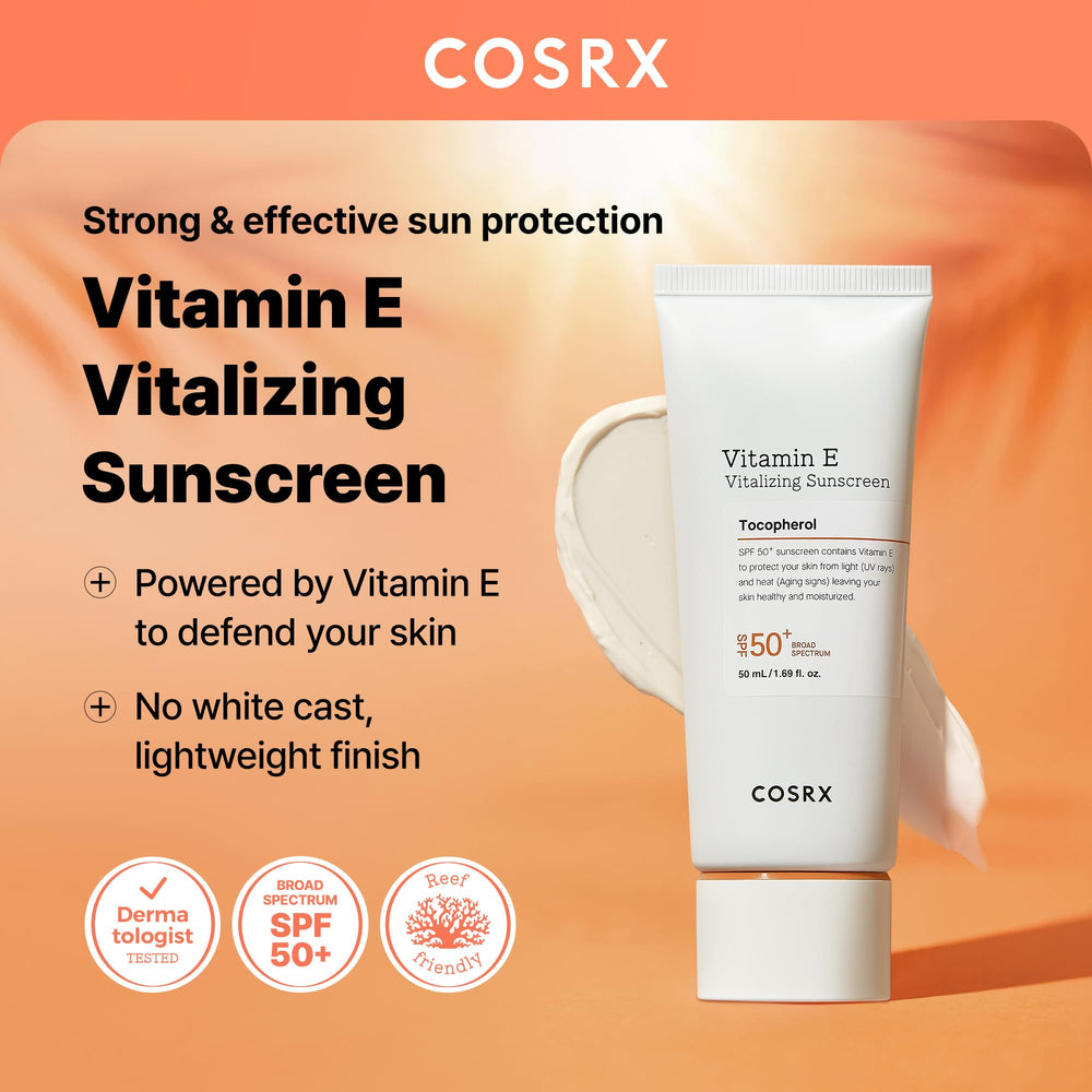 COSRX Vitamina E textura ligera, acabado semimate para pieles mixtas, controla brillos.