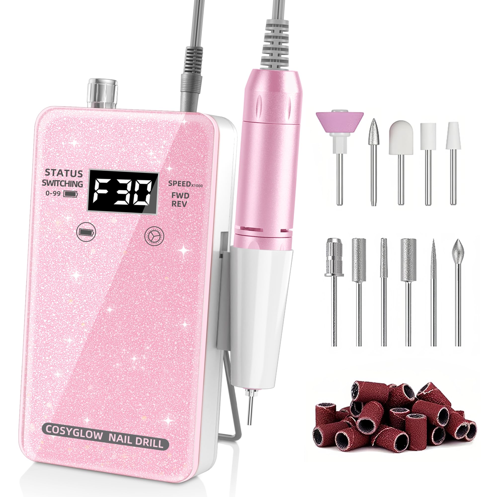 COSYGLOW lima eléctrica portátil con brillo iridiscente para manicuras precisas.