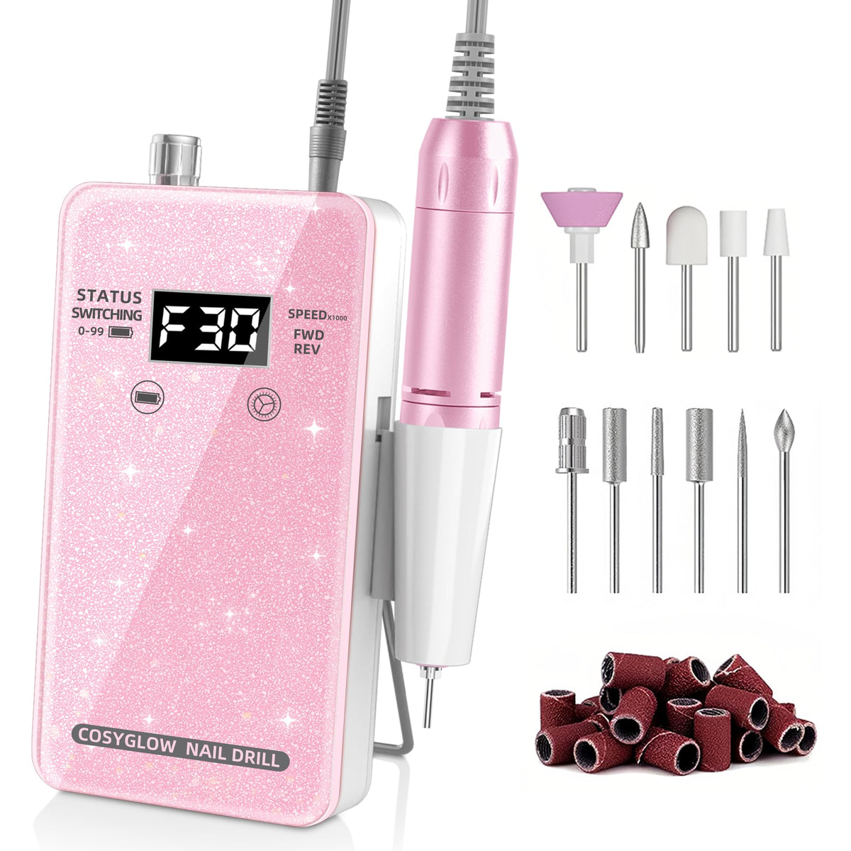 COSYGLOW lima eléctrica portátil con brillo iridiscente para manicuras precisas.