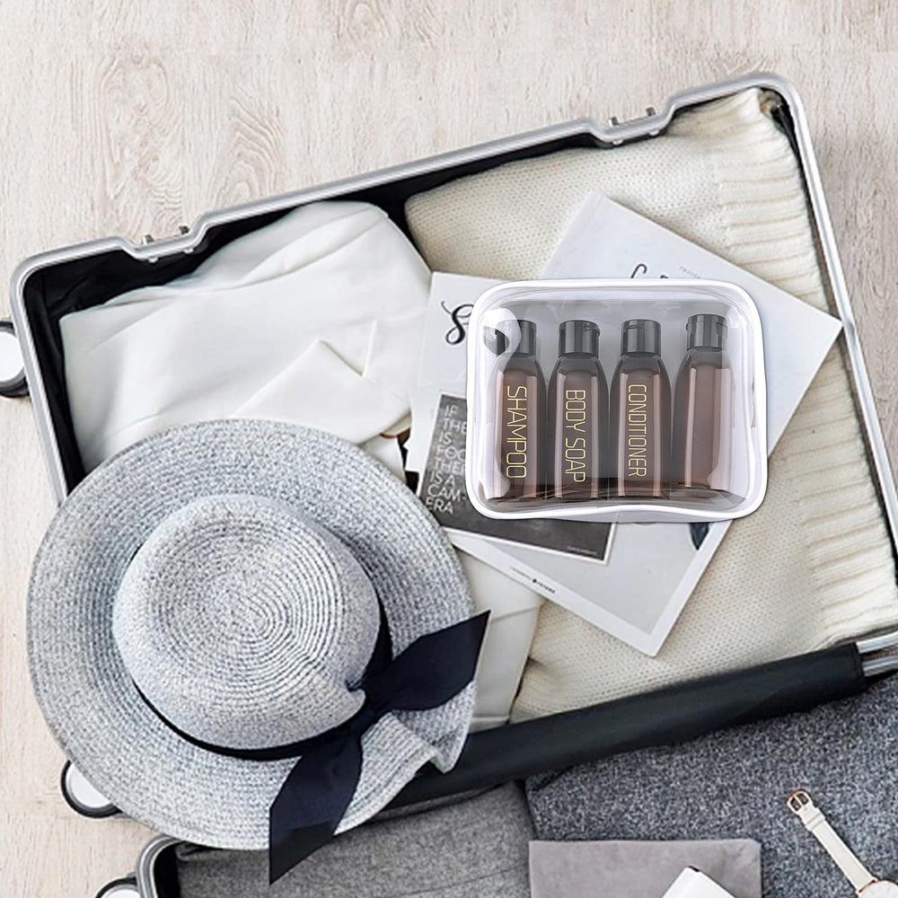 Cosywell etiquetas y botellas listas para viaje, organización rápida.