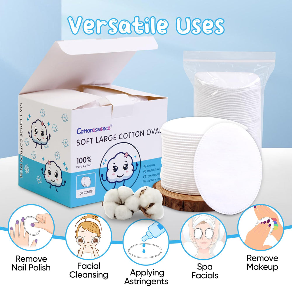 Cottonessence discos de algodón ovalados, uso seco para retirar maquillaje con delicadeza.