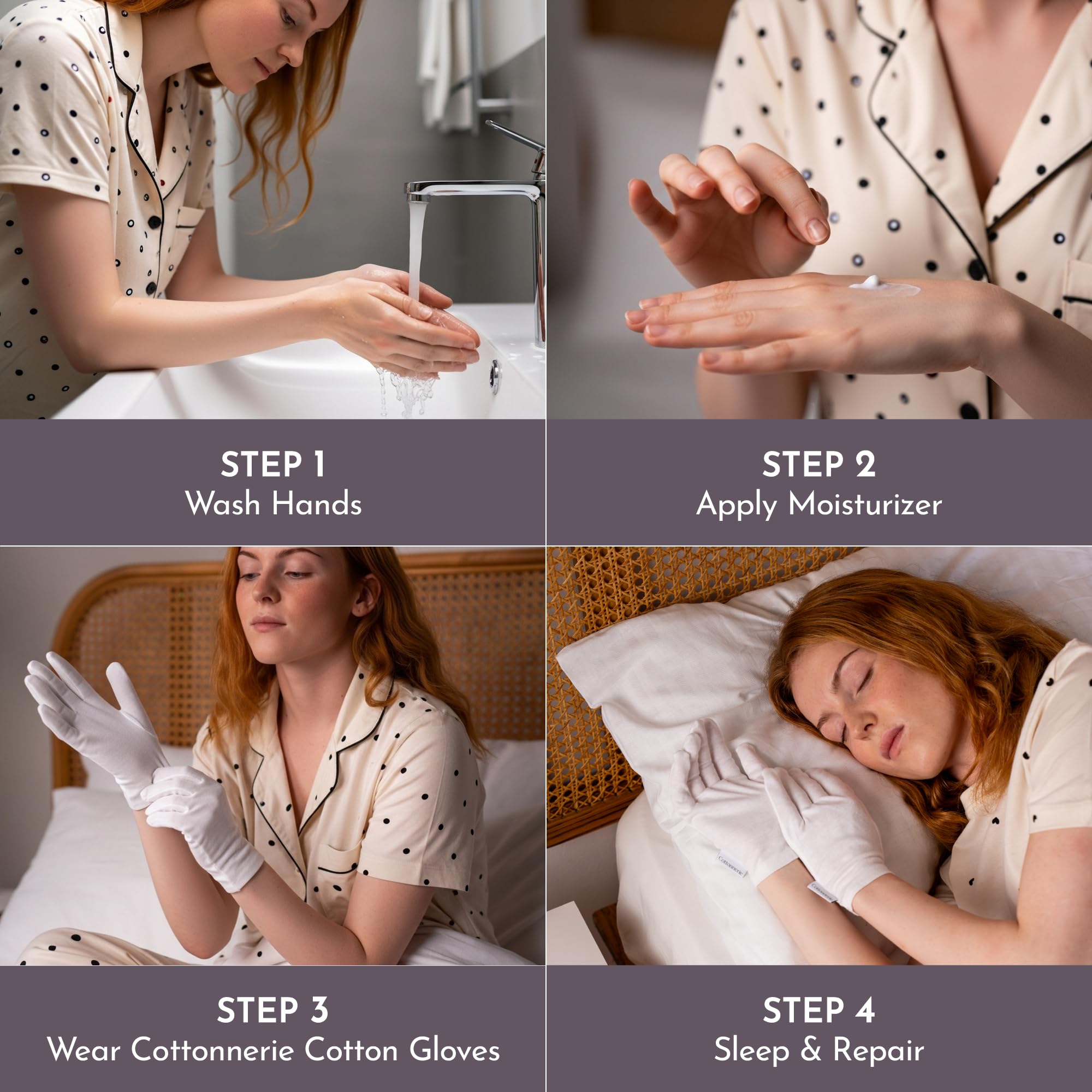 Guantes para manos secas Cottonnerie, uso nocturno para retener humedad.