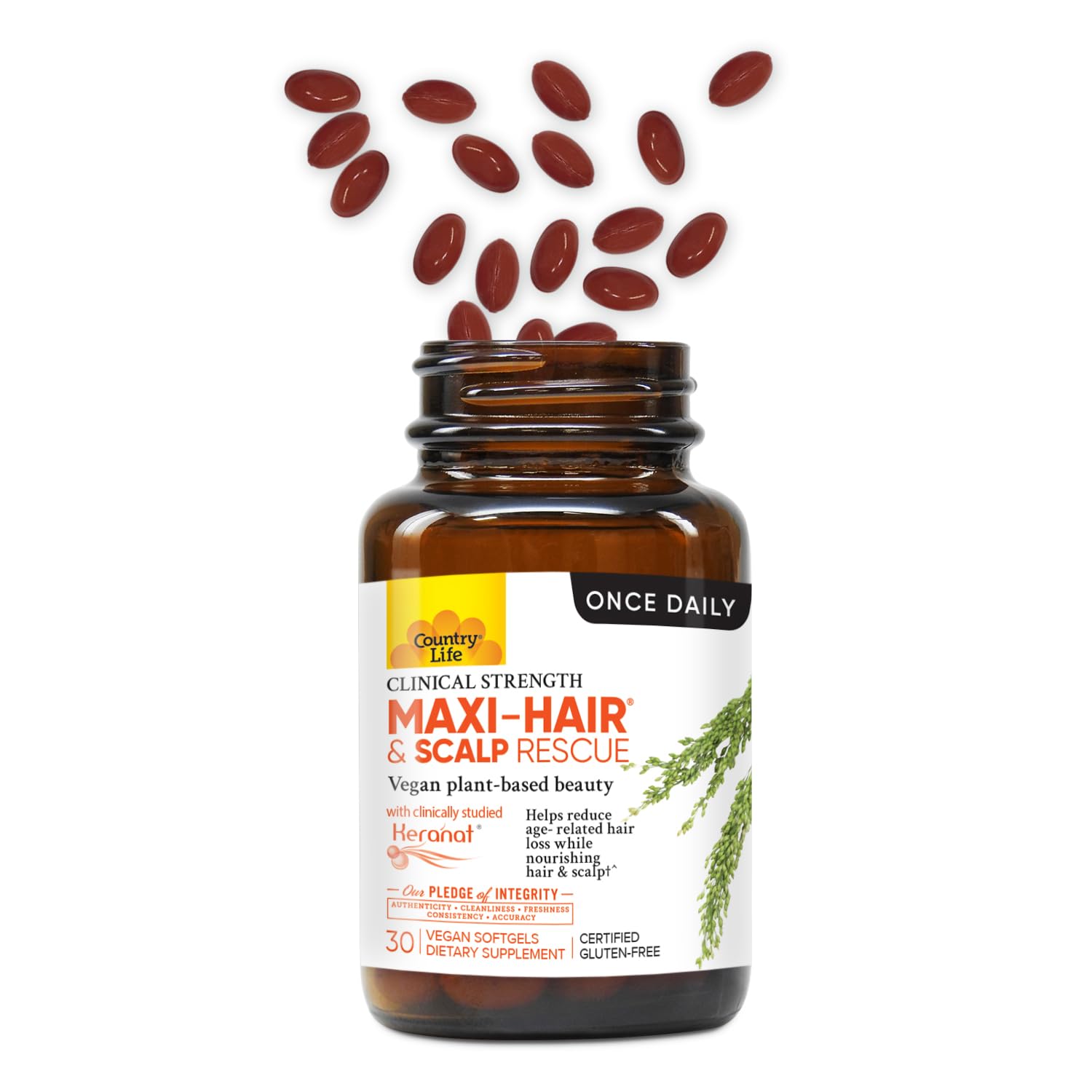 Country Life Maxi-Hair botella-etiqueta: etiqueta clara con ingredientes veganos y libres de gluten.