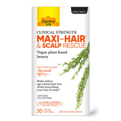 Country Life Maxi-Hair botella-frente: muestra el envase para iniciar una rutina capilar saludable.