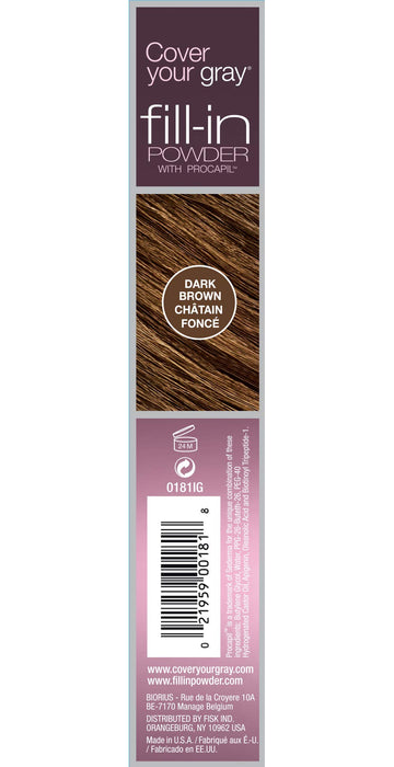 Cover Your Gray Fill In Powder Dark Brown, aplicador con pincel facilita cobertura en áreas de cabello fino.