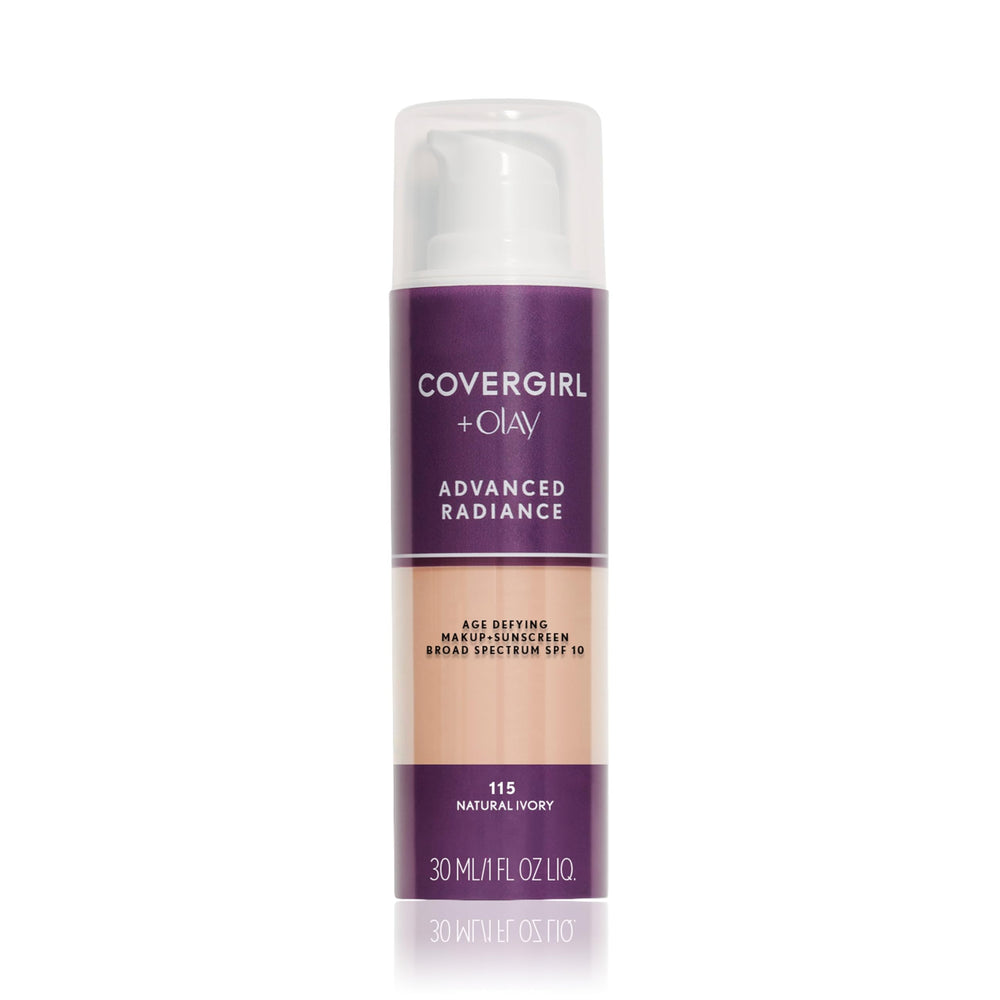 CoverGirl Radiancia Avanzada, botella visible para cobertura duradera y luminosidad.