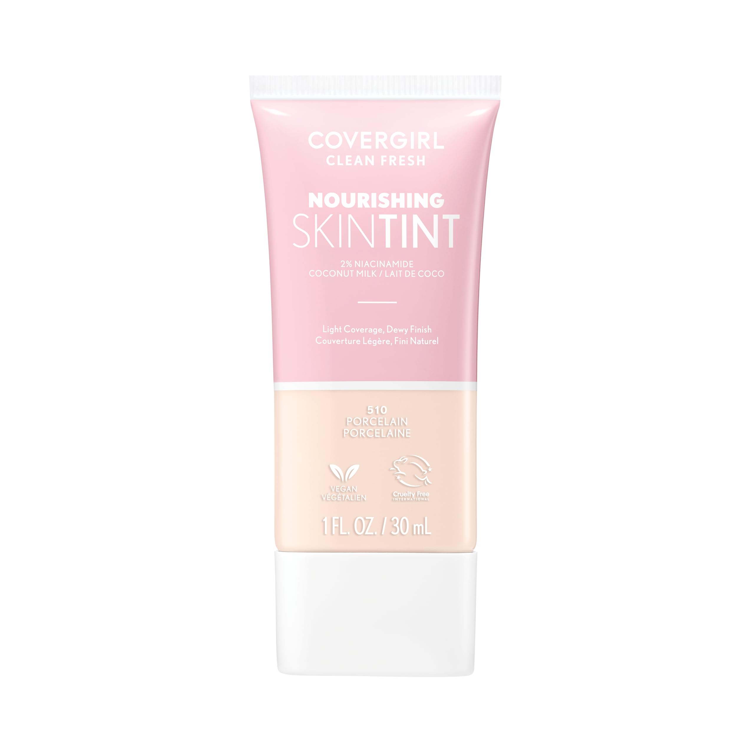 COVERGIRL Clean Fresh Nourishing Skin Tint 510 Porcelana, botella para un acabado ligero y natural.