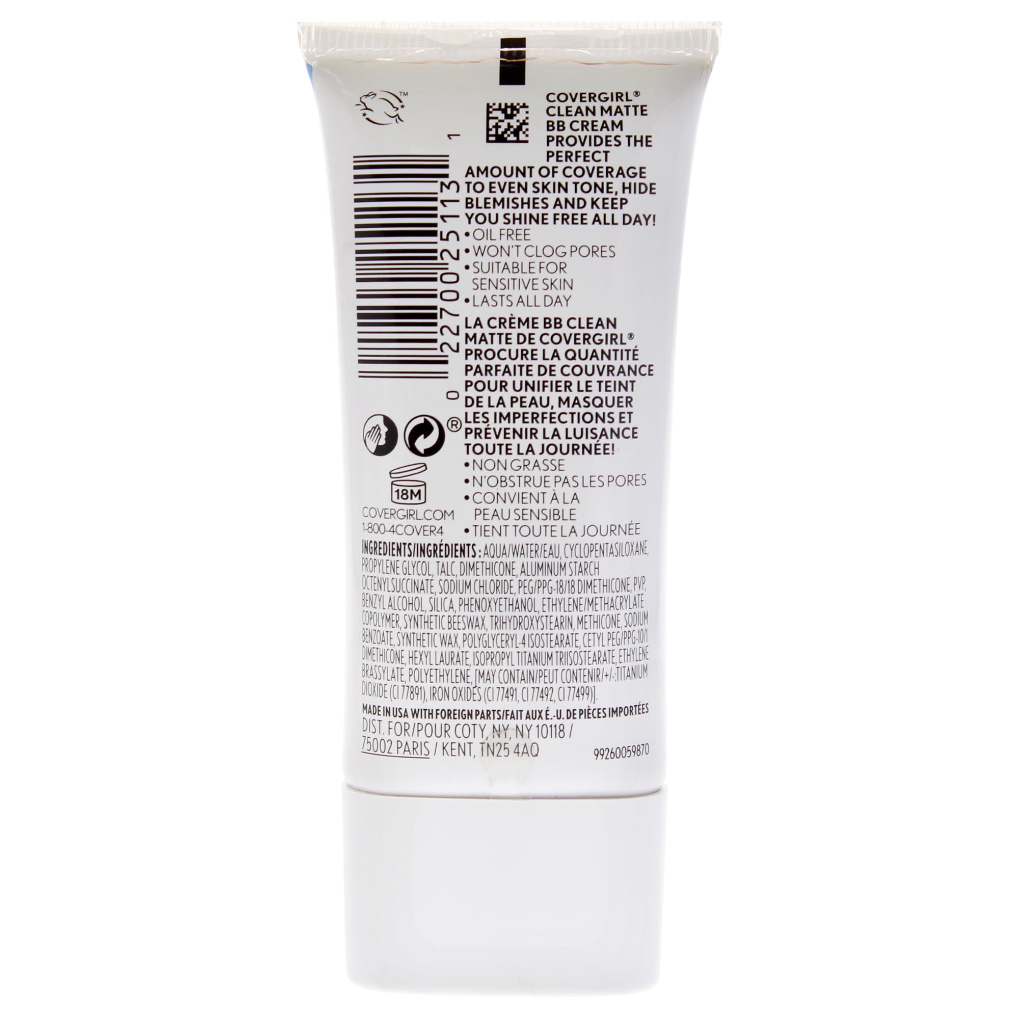 COVERGIRL crema BB mate para piel clara o media, aplicación fácil para tono uniforme.