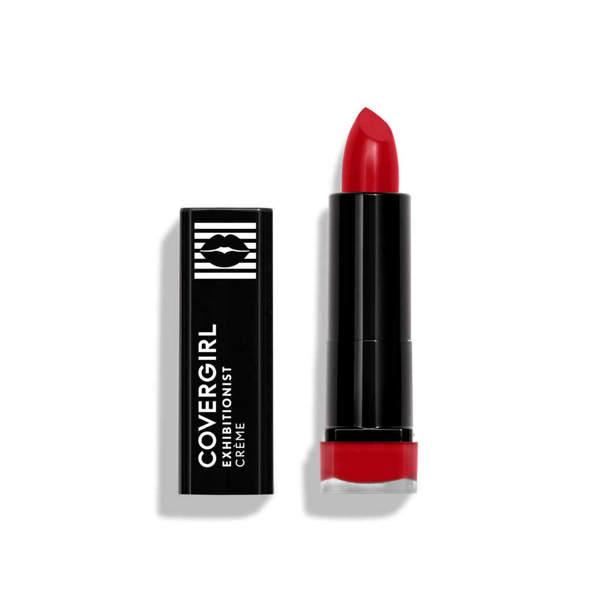 COVERGIRL Exhibitionist Rojo Real, empaque visible, color vibrante en una aplicación suave.