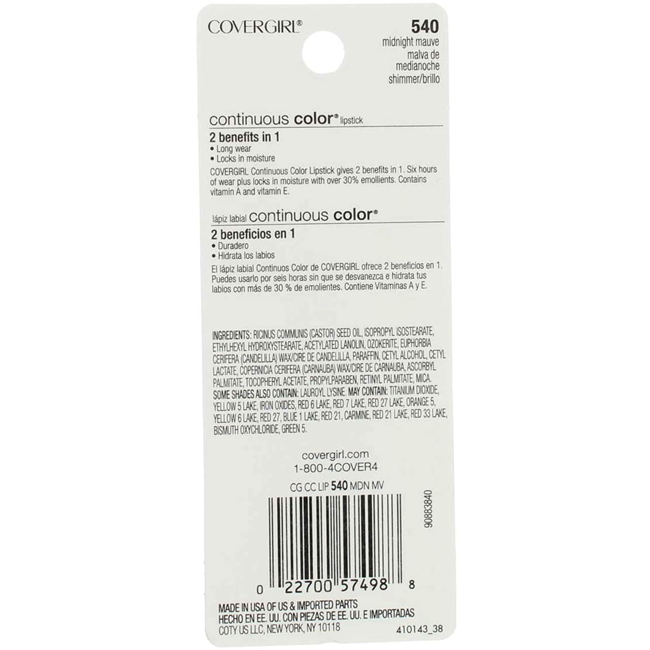 COVERGIRL labial color continuo contiene vitamina E para cuidado diario.