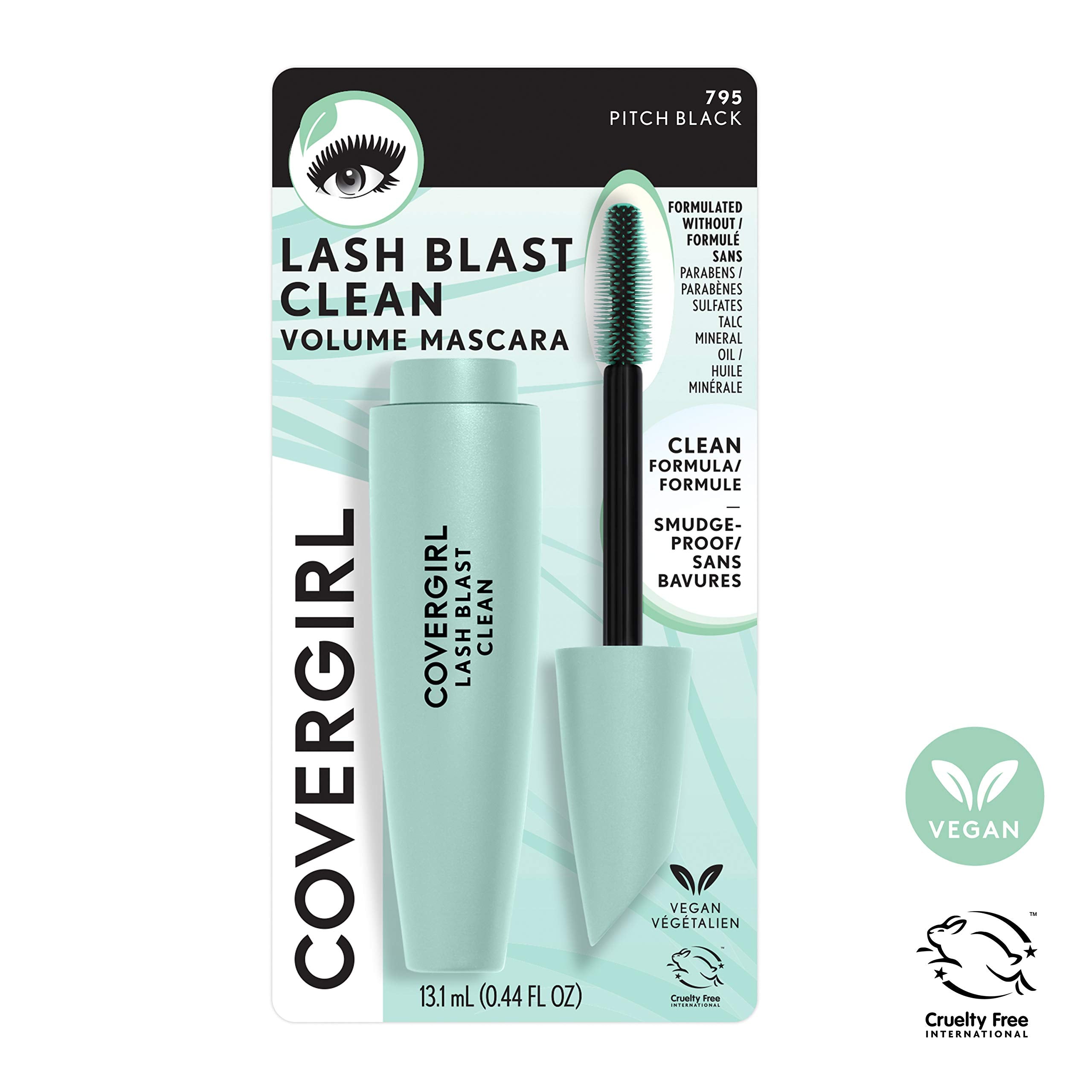 Graphic showing CoverGirl Lash Blast Clean Volume Mascara 10x volume vs bare lashes