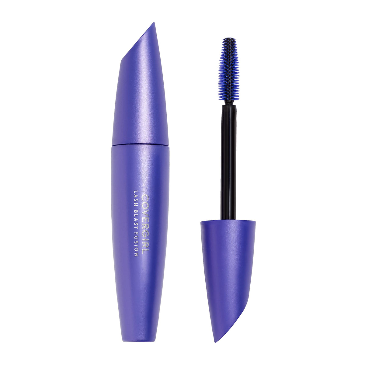 COVERGIRL Lash Blast Fusion brown mascara tube and wand close-up showing lengthening potential