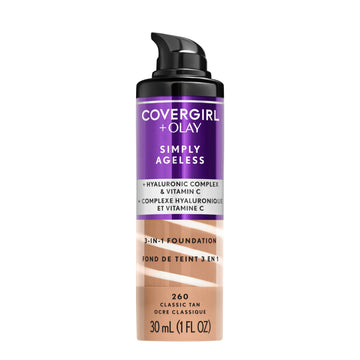 Base líquida COVERGIRL & OLAY Simply Ageless en botella, acabado mate para piel uniforme.