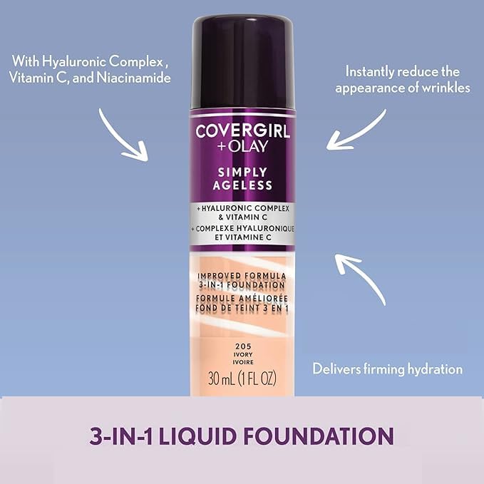 Envase con bomba de COVERGIRL OLAY Simply Ageless, dosificación precisa