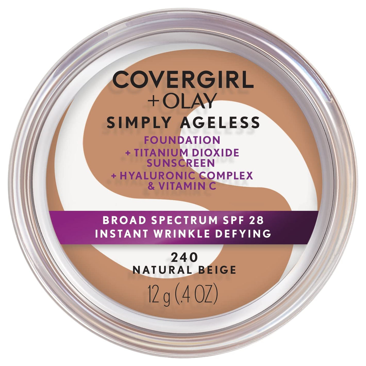 Fundación COVERGIRL OLAY Simply Ageless en envase compacto para uso diario y tono beige natural.
