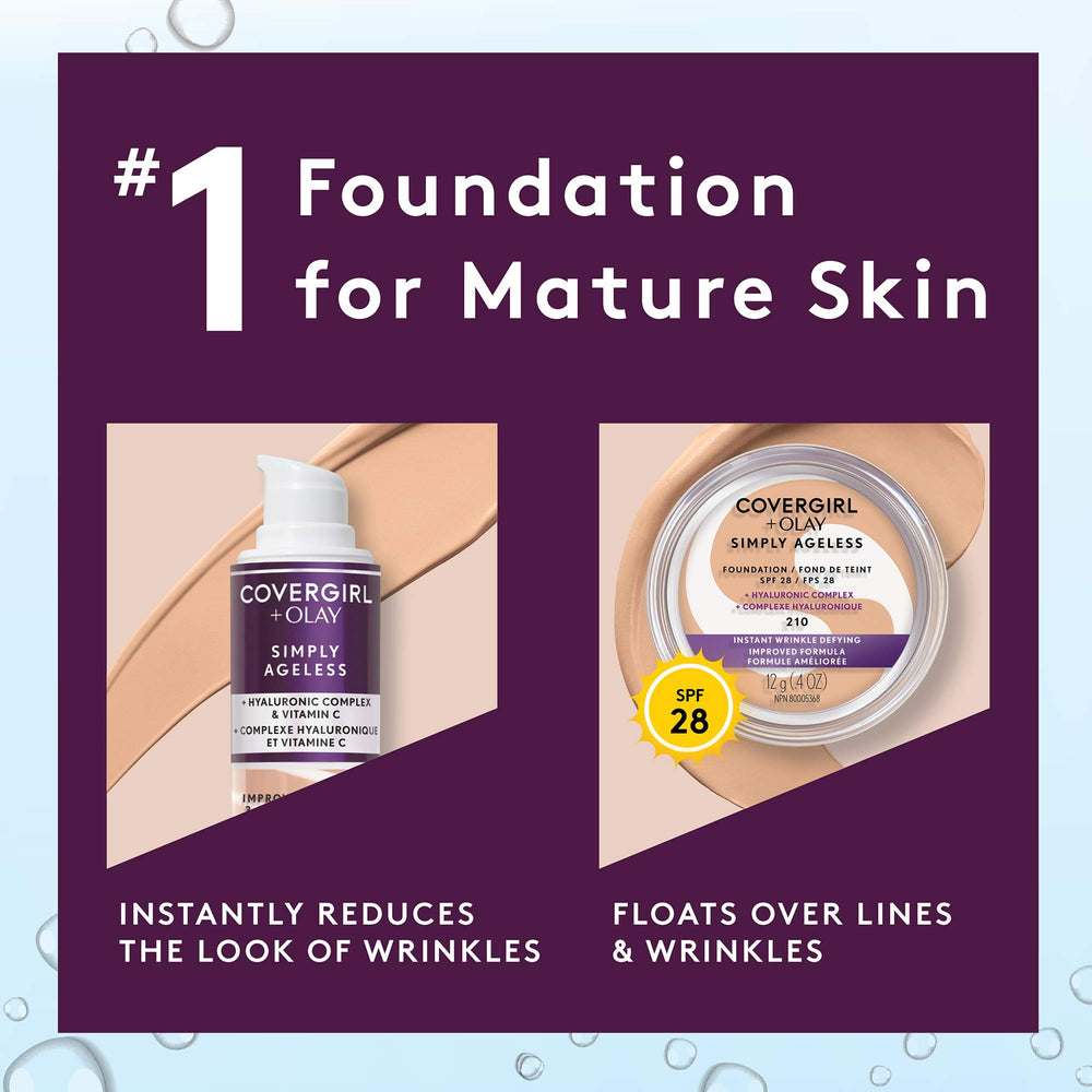 CoverGirl Olay Simply Ageless tono uniforme y cobertura natural.