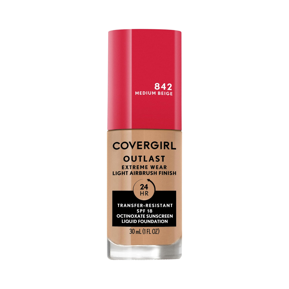 Covergirl Outlast Extreme Wear botella con SPF 18 para protección diaria y tono uniforme.