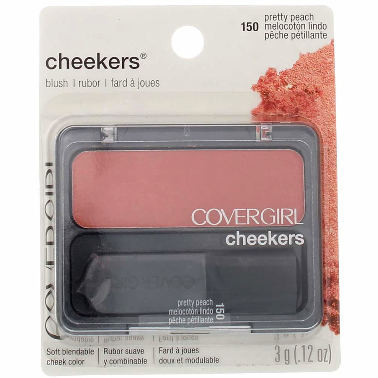 CoverGirl rubor mejillas tono melocotón; ideal para retoques rápidos y acabado natural.