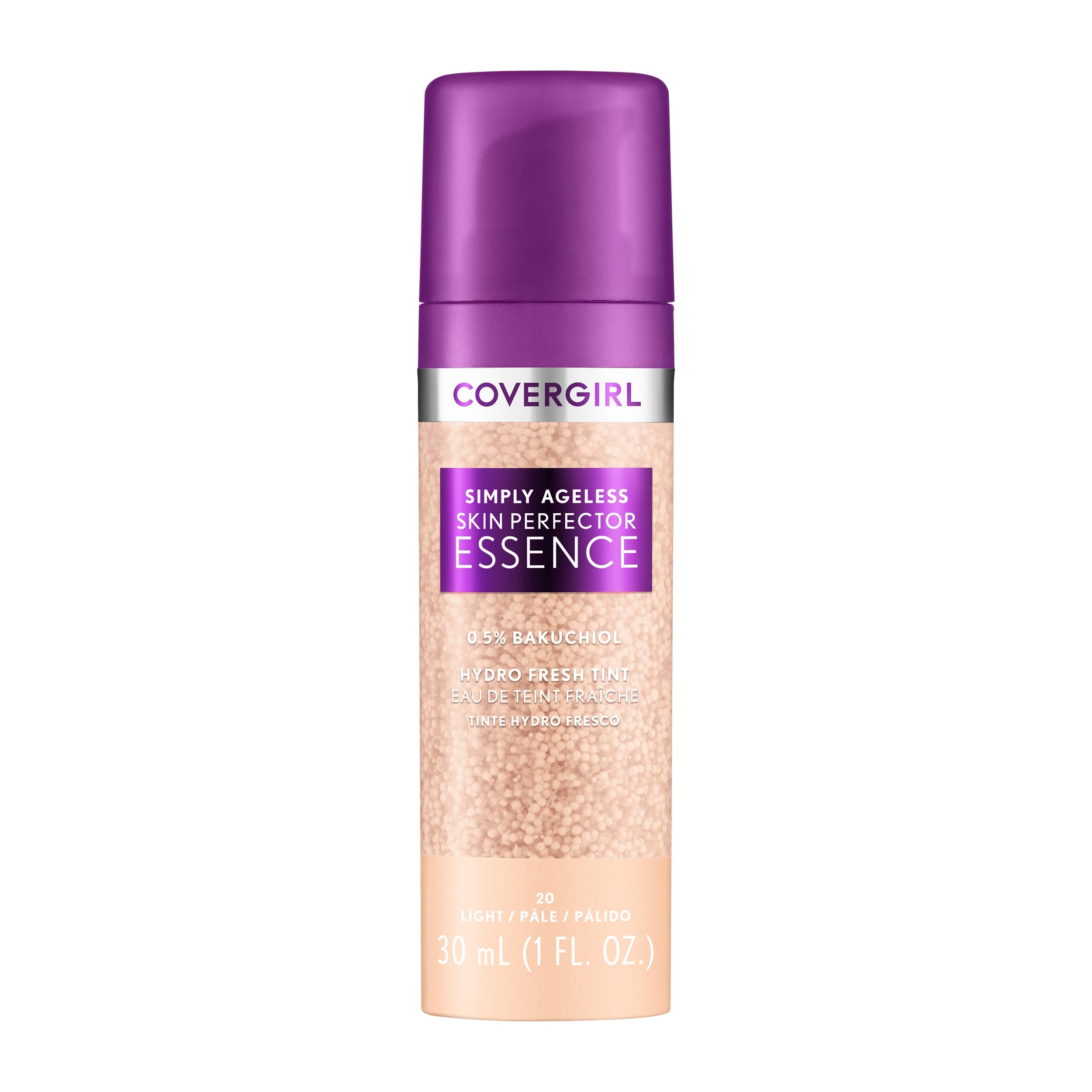 Covergirl Simply Ageless botella-esencia, acabado radiante e hidratación duradera.