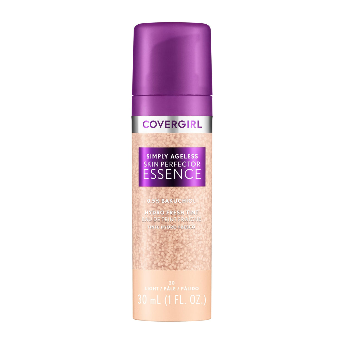 Covergirl Simply Ageless botella-esencia, acabado radiante e hidratación duradera.