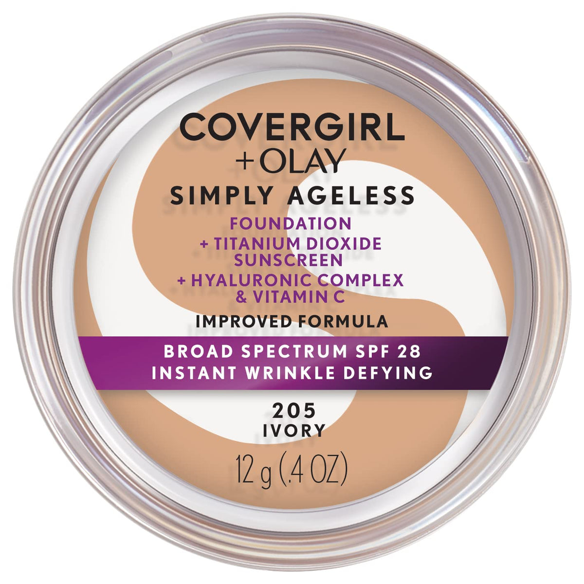 COVERGIRL Simply Ageless muestra la botella de fundación, fórmula antiarrugas para un acabado suave.