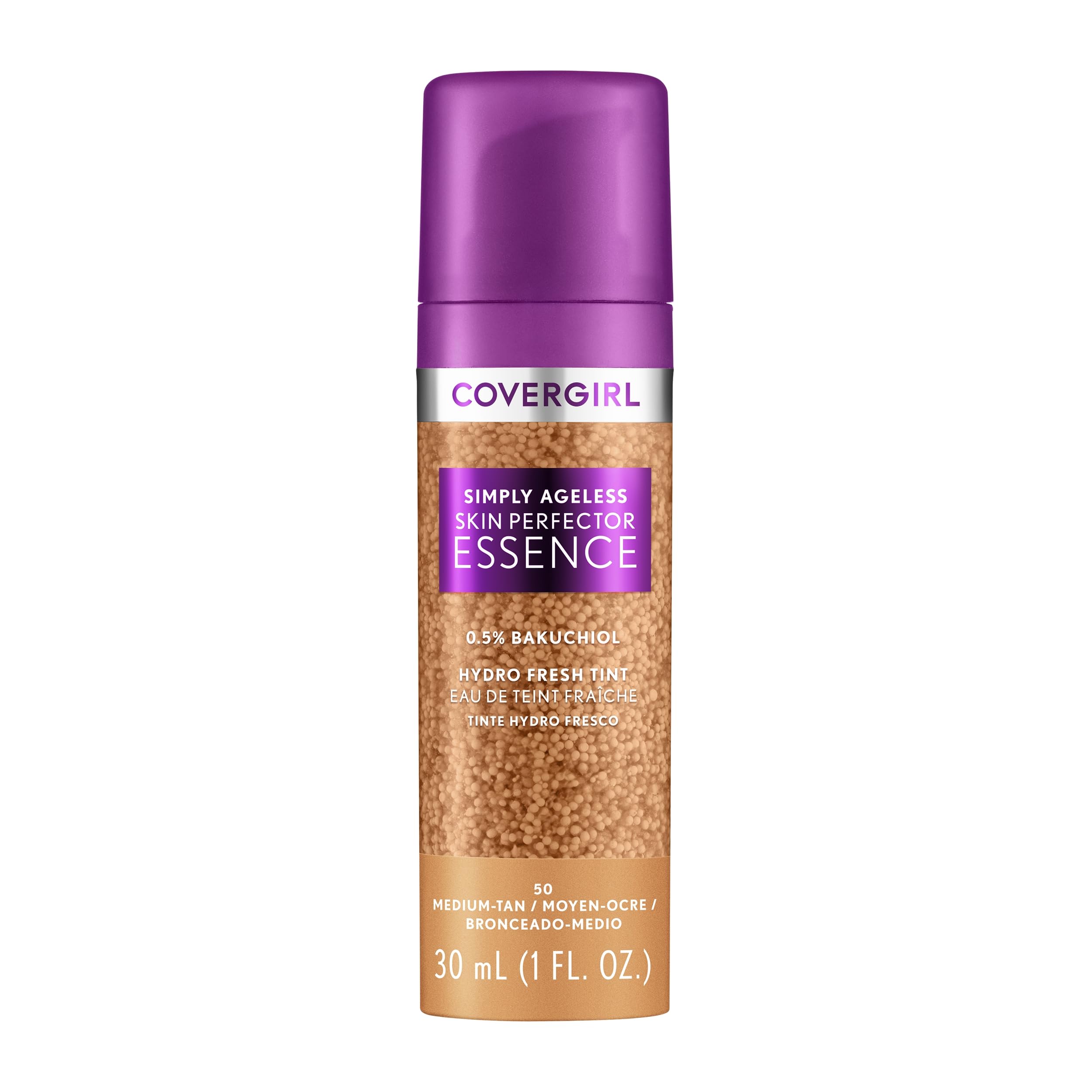 Covergirl Simply Ageless Essence en botella, fórmula vegana para un acabado radiante.