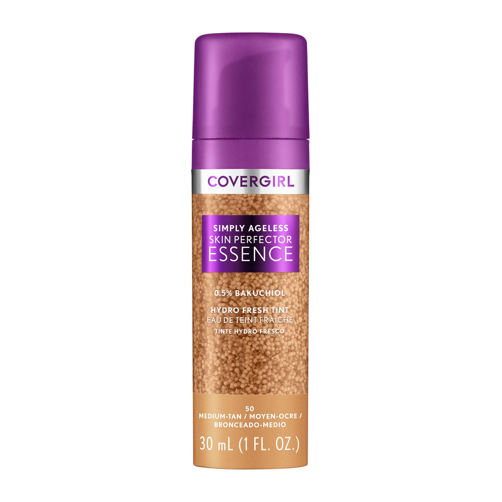 Covergirl Simply Ageless Essence en botella, fórmula vegana para un acabado radiante.