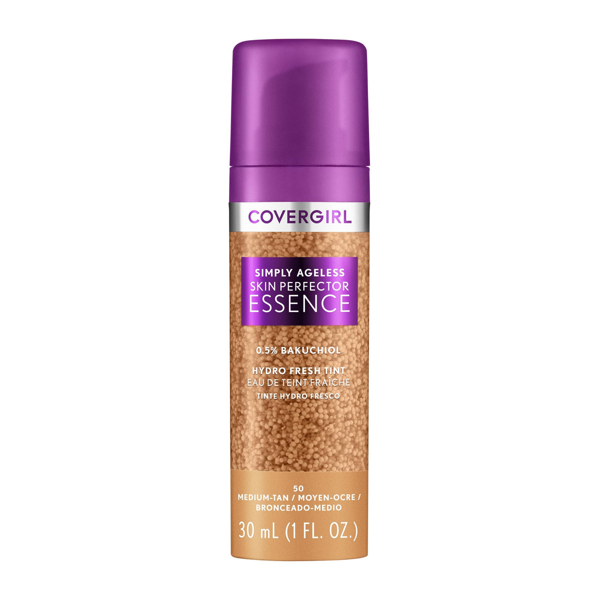 Covergirl Simply Ageless Essence en botella, fórmula vegana para un acabado radiante.