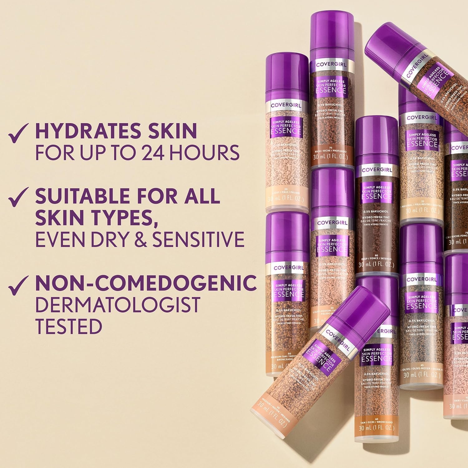 Ingredientes de origen natural al 98% en Covergirl Simply Ageless; fórmula suave y vegana.