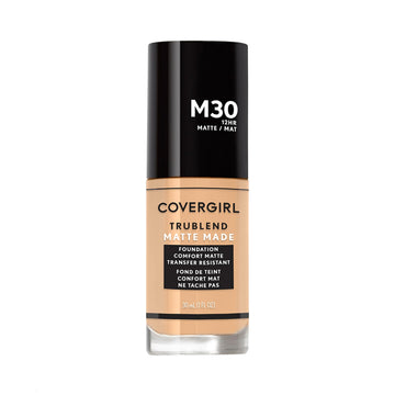 COVERGIRL TruBlend Matte Made Fundacion Honey, frasco frontal, acabado mate suave.