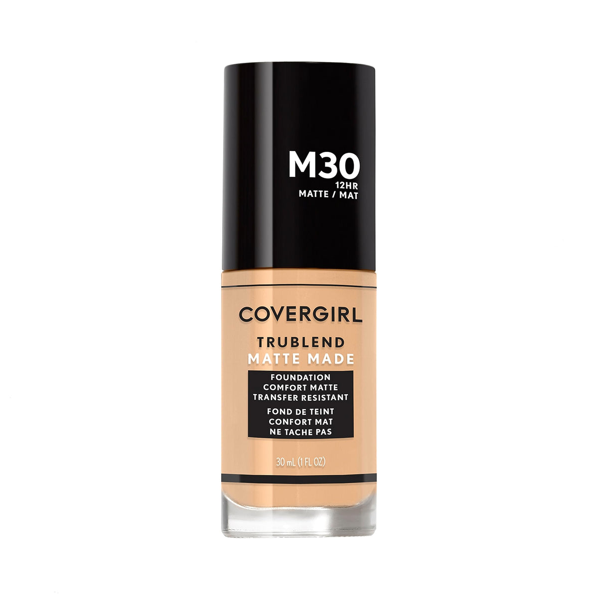 COVERGIRL TruBlend Matte Made Fundacion Honey, frasco frontal, acabado mate suave.