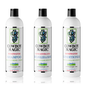 Cowboy Magic Champú: botella clara y textura satinada que sugiere suavidad.