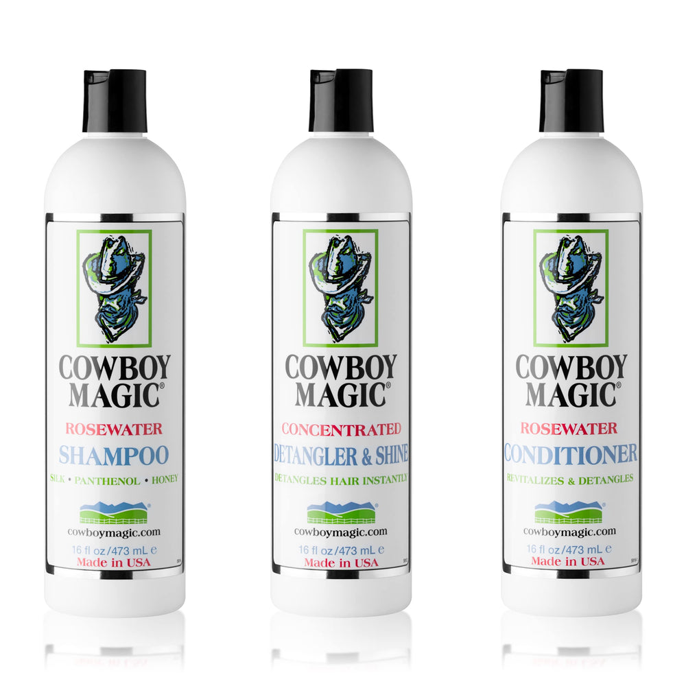 Cowboy Magic Champú: botella clara y textura satinada que sugiere suavidad.