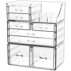 Cq acrylic organizador de maquillaje claro en pack de 3, vista superior, ideal para tocador.