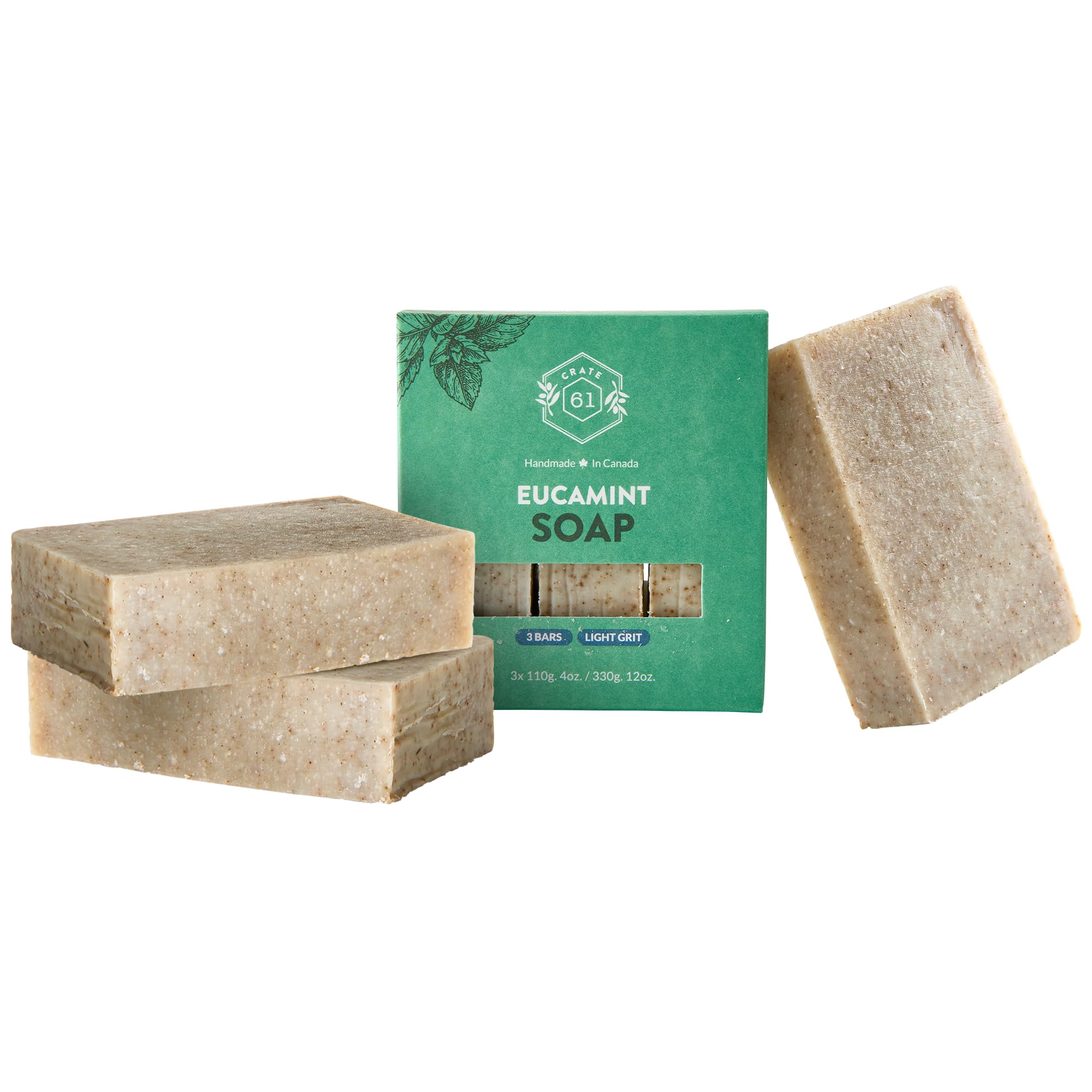 Crate 61 Organics Jabón en barra Eucamint, paquete de 3, para piel suave y fresca.