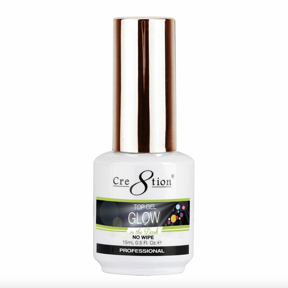 Cre8tion capa superior gel luminosa brilla en oscuridad para uñas llamativas.