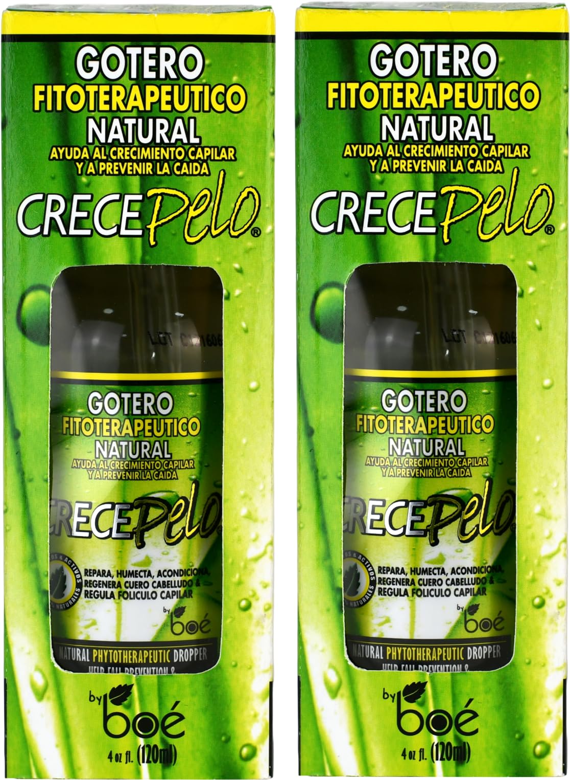 Crece Pelo Gotero 4oz 2-Pack, botellas en mano para uso diario.