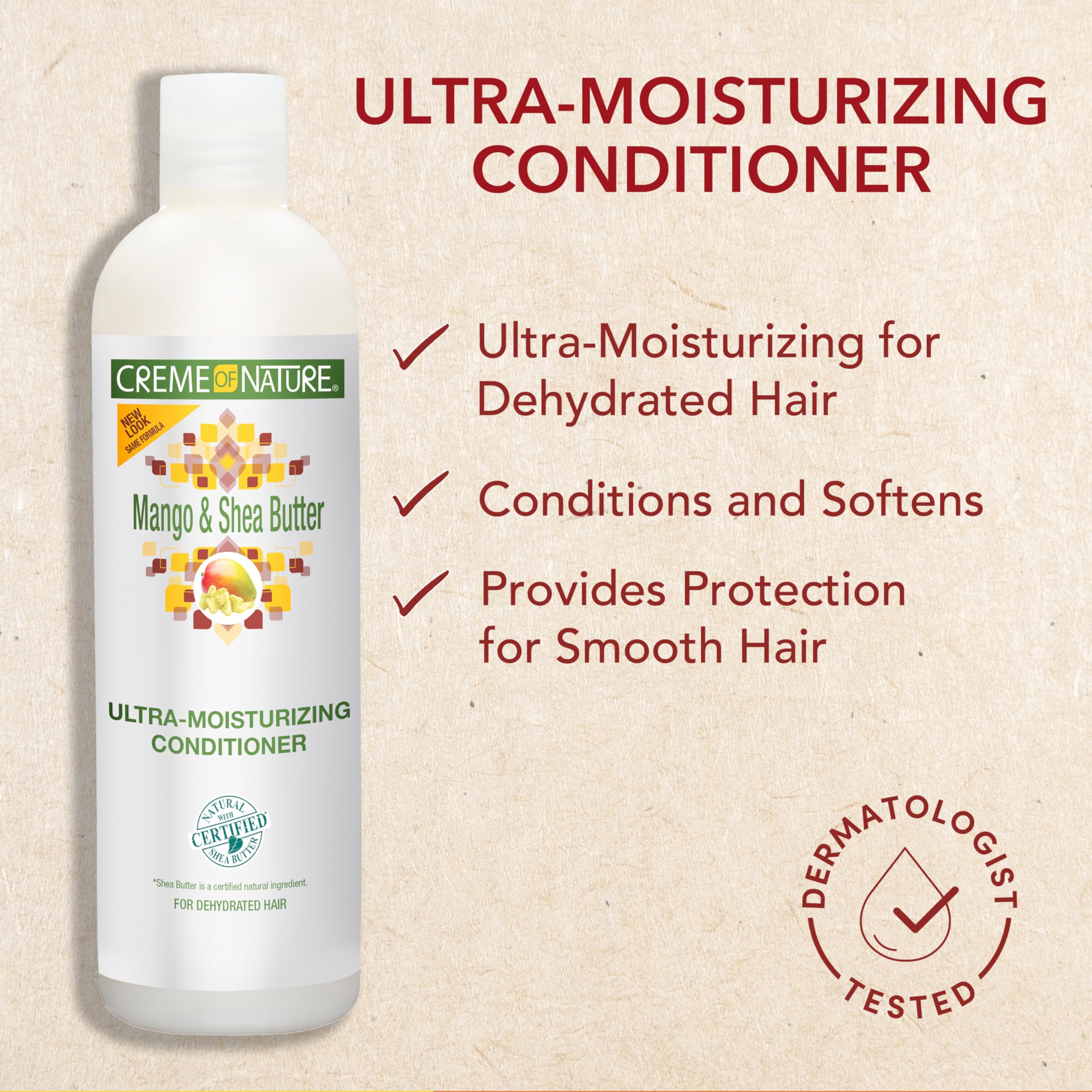 Creme of Nature acondicionador mango y manteca de karité, aplicación suave para cabellos rizados.