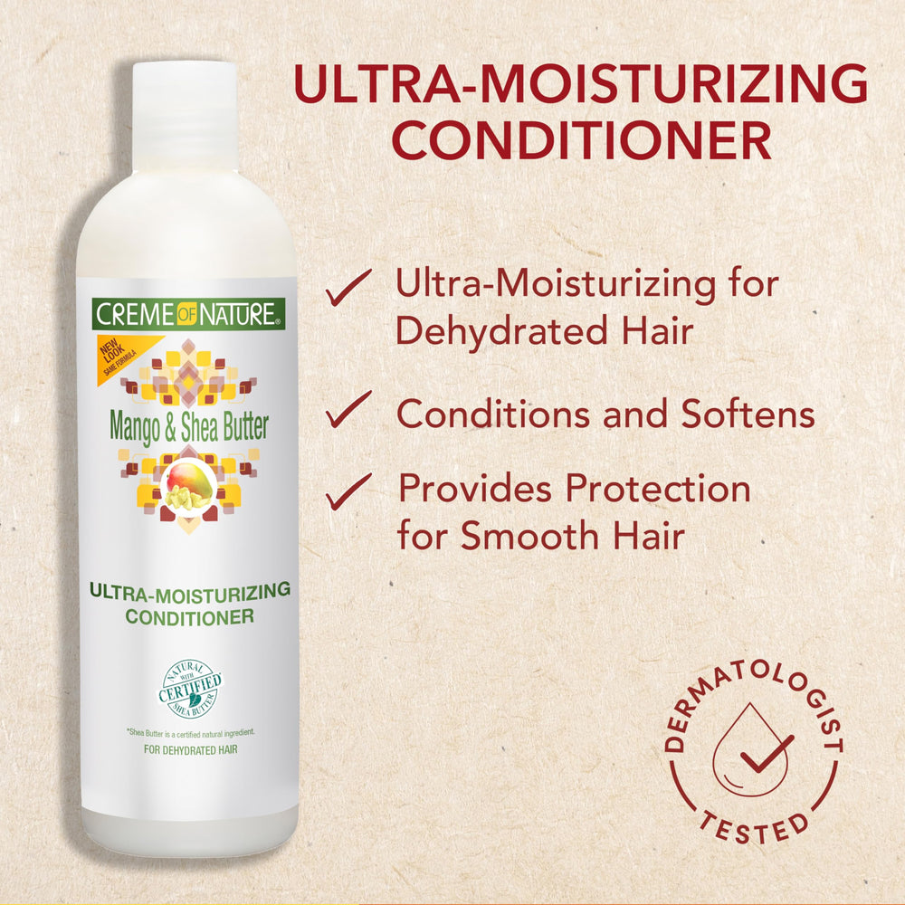 Creme of Nature acondicionador mango y manteca de karité, aplicación suave para cabellos rizados.