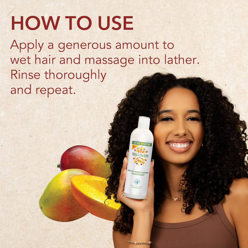 Creme of Nature acondicionador mango y manteca de karité, desenreda suavemente el cabello grueso.