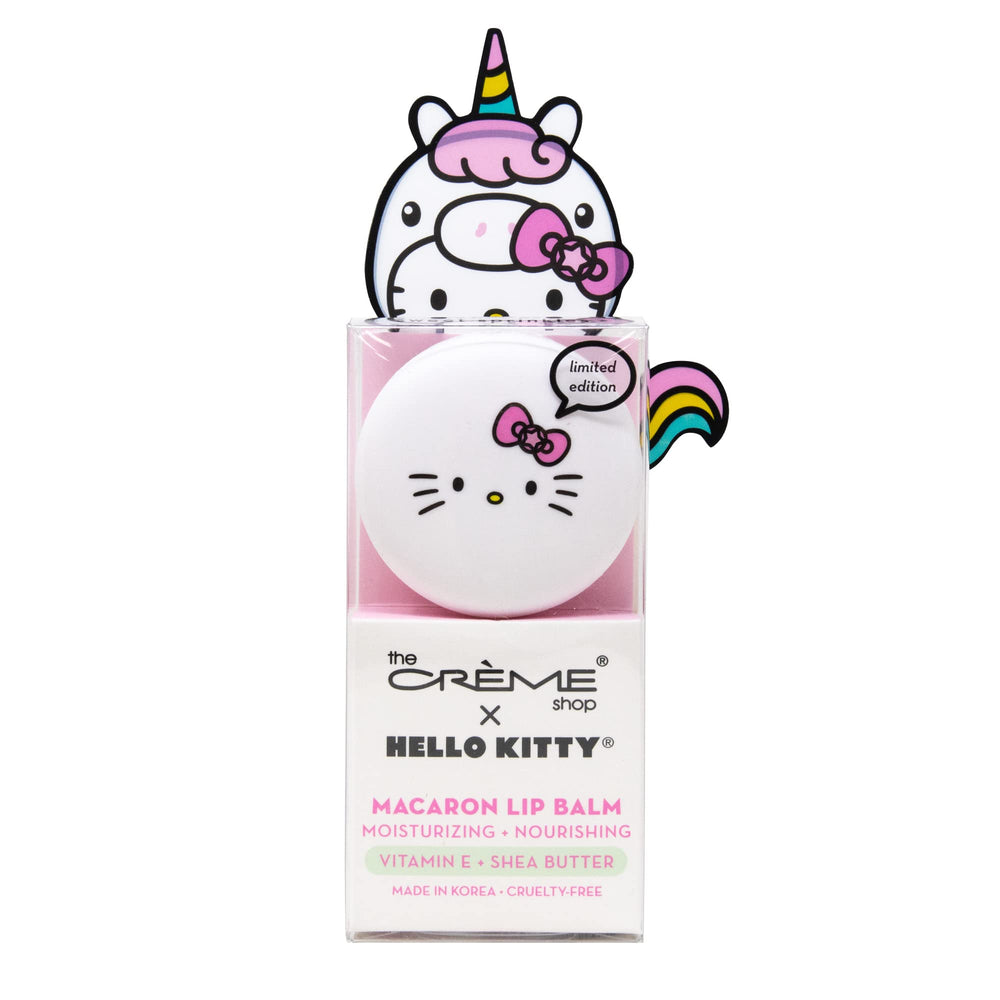 The Crème Shop Hello Kitty Macaron bálsamo labial en tarro para hidratación diaria.